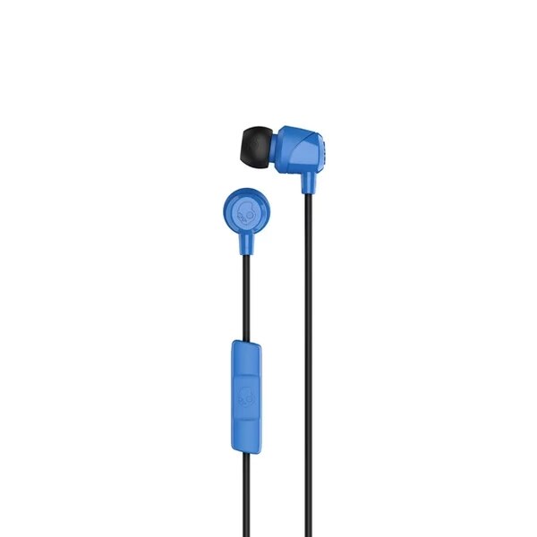 A dark blue pair of wired earbuds with the Skullcandy logo on the ears and on the microphone.